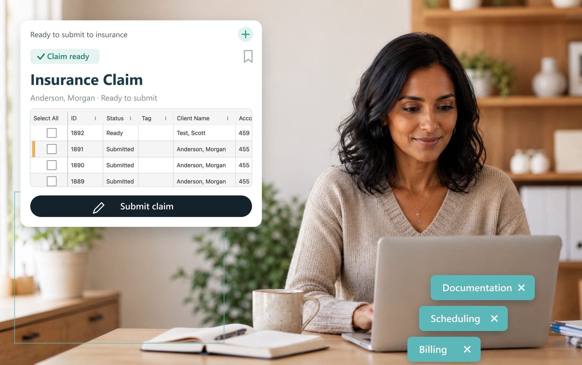 A private-practice speech therapist smiling at her laptop while ClinicNote prepares an insurance claim for submission