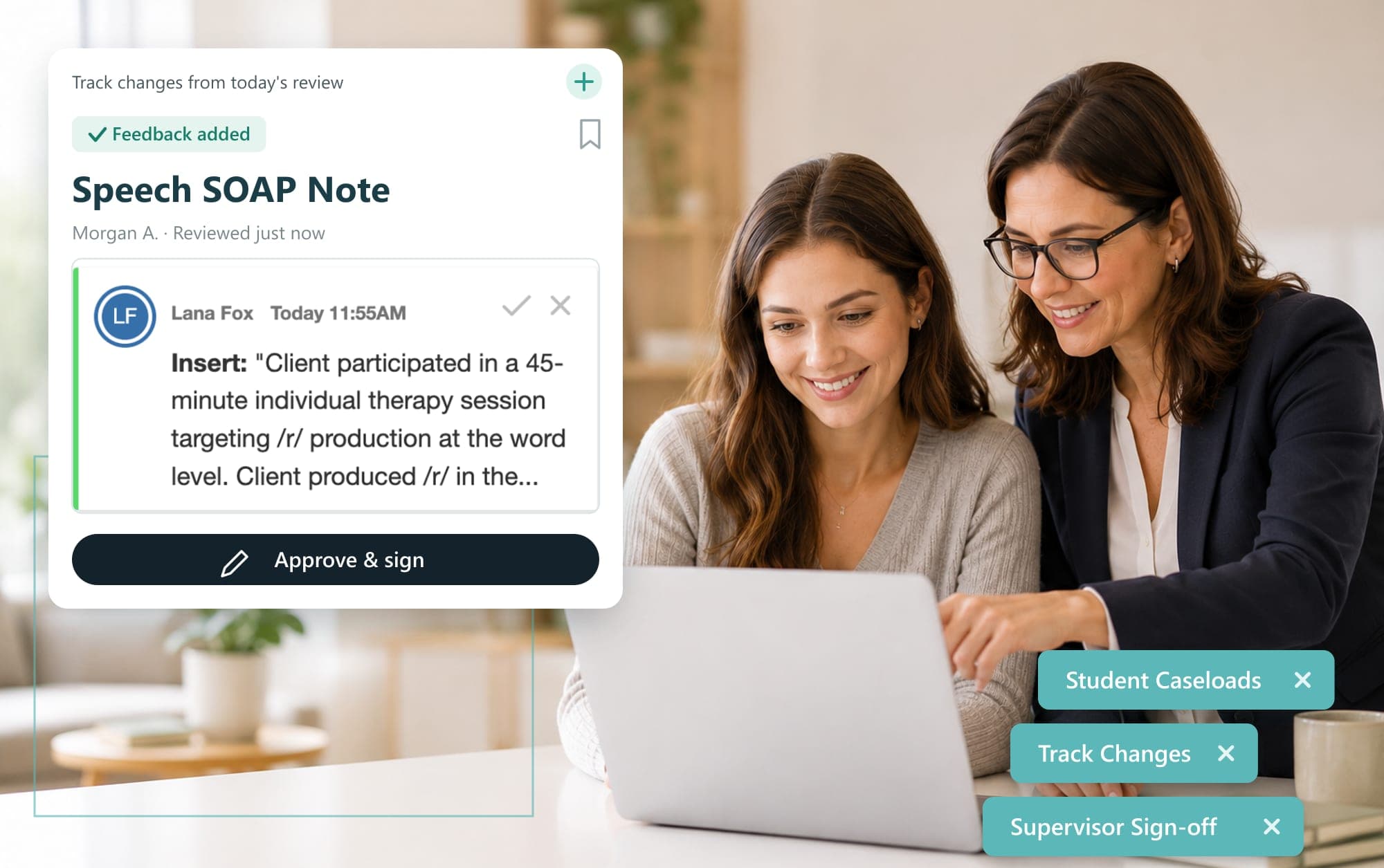 A clinical supervisor and graduate student smiling at a laptop while reviewing a ClinicNote Speech SOAP note with tracked supervisor feedback